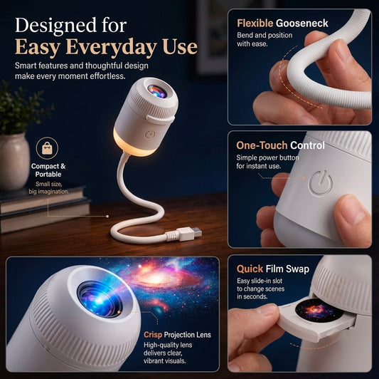 2-in-1 Mini Galaxy Projector Night Light, USB, 360° Rotation, 1 Slide